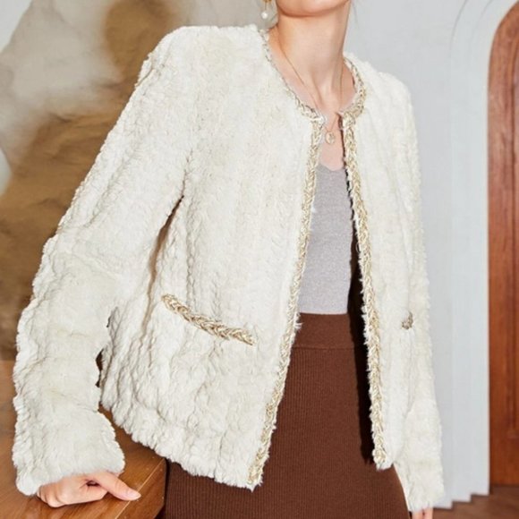 elegant contrast binding hook closure fuzzy coat chic classic - Picture 3 of 10